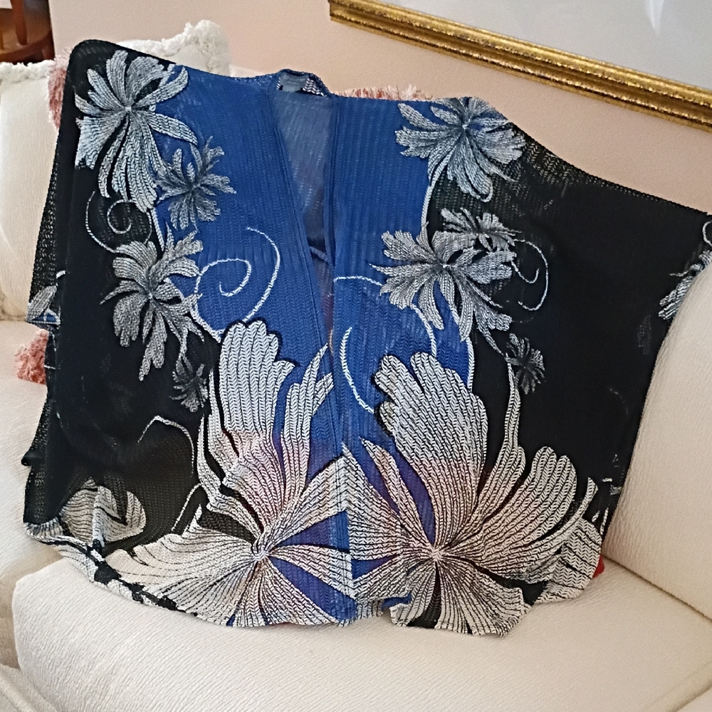 Chico's Blue and Black Floral Poncho